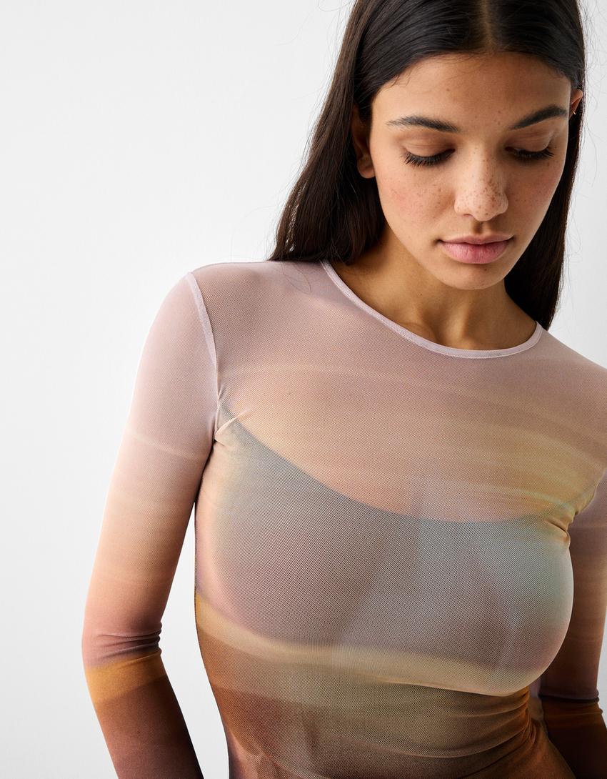 Vestido comprido manga comprida tule estampado-Azul-5