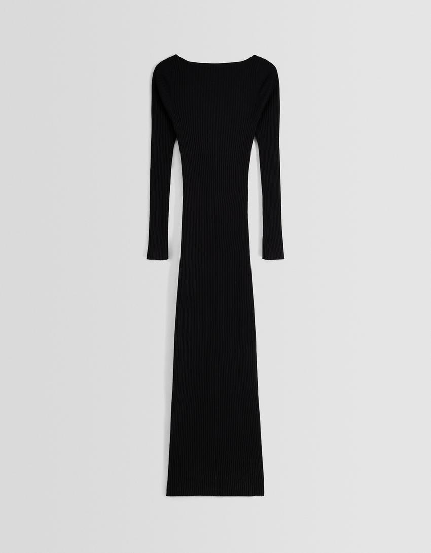 Vestido midi manga comprida malha nervuras-Preto-4