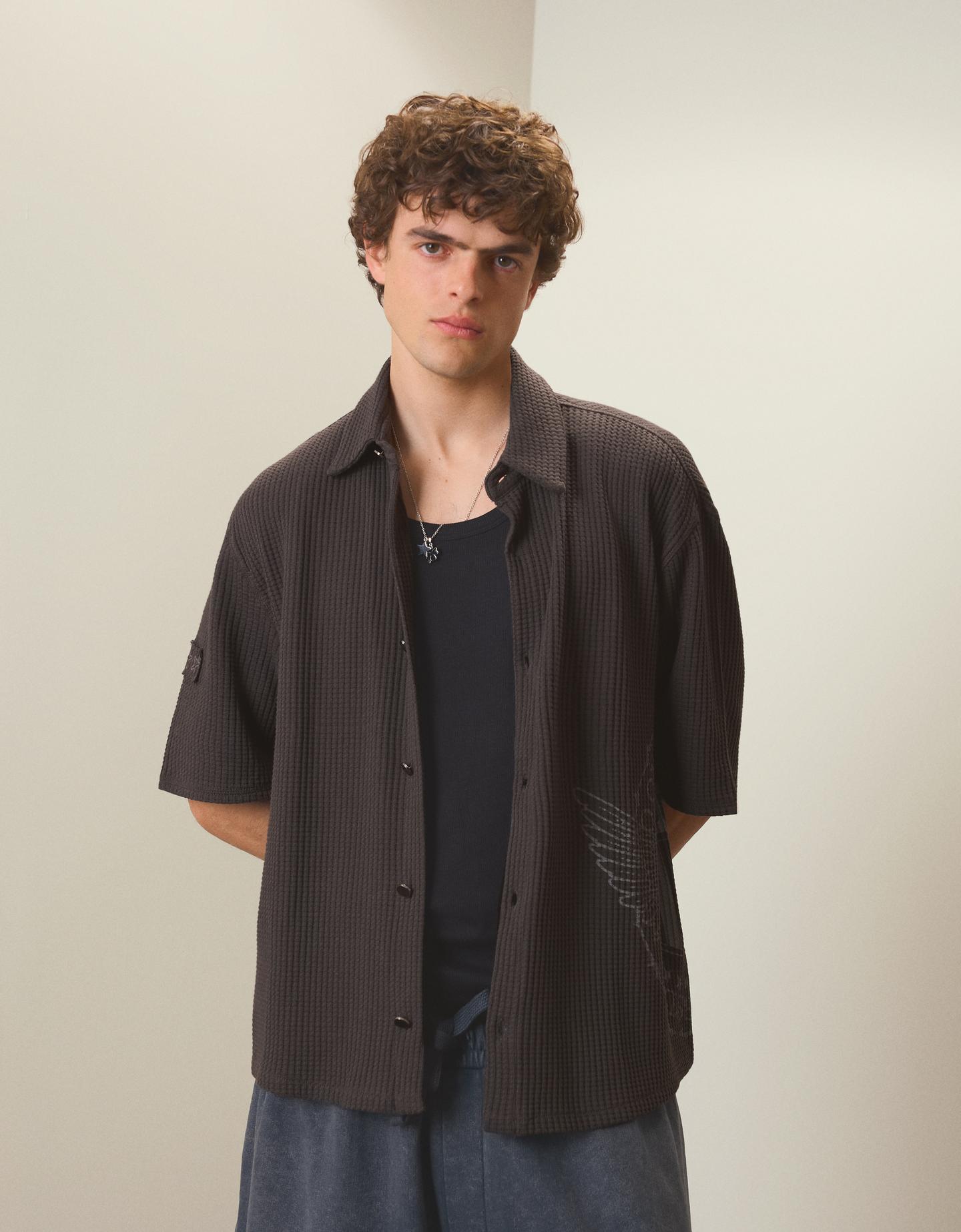 Bershka Camicia Relaxed Fit Waffle Uomo Xs Grigio Scuro