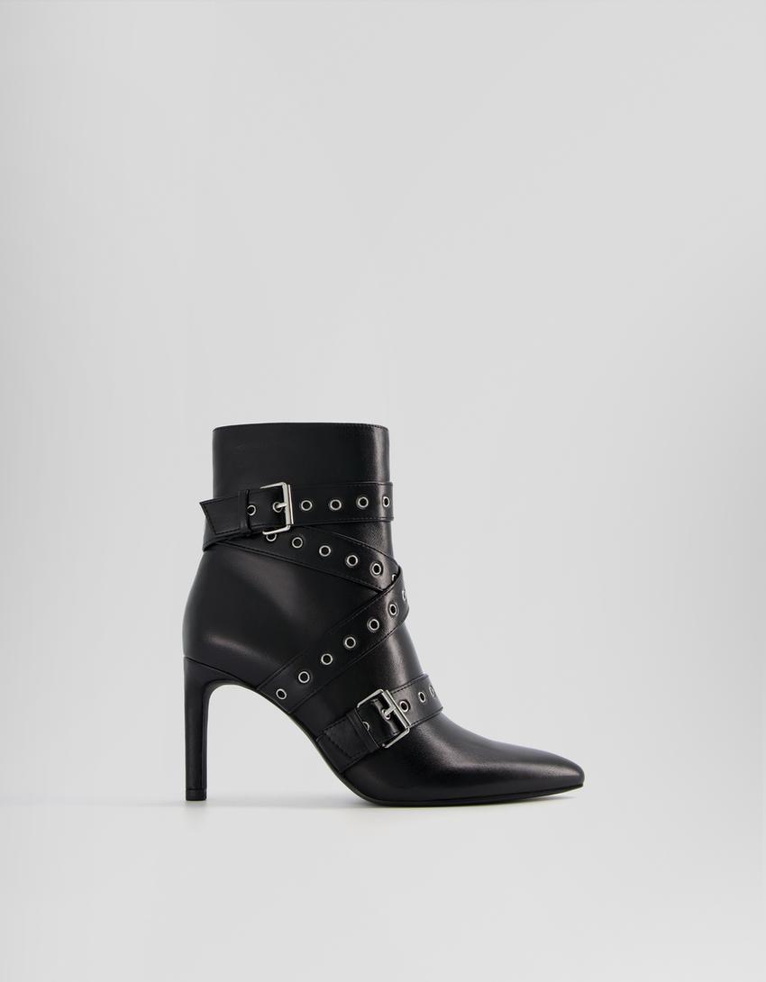 Bottines à talon aiguille avec lanières, clous et boucles-Noir-5