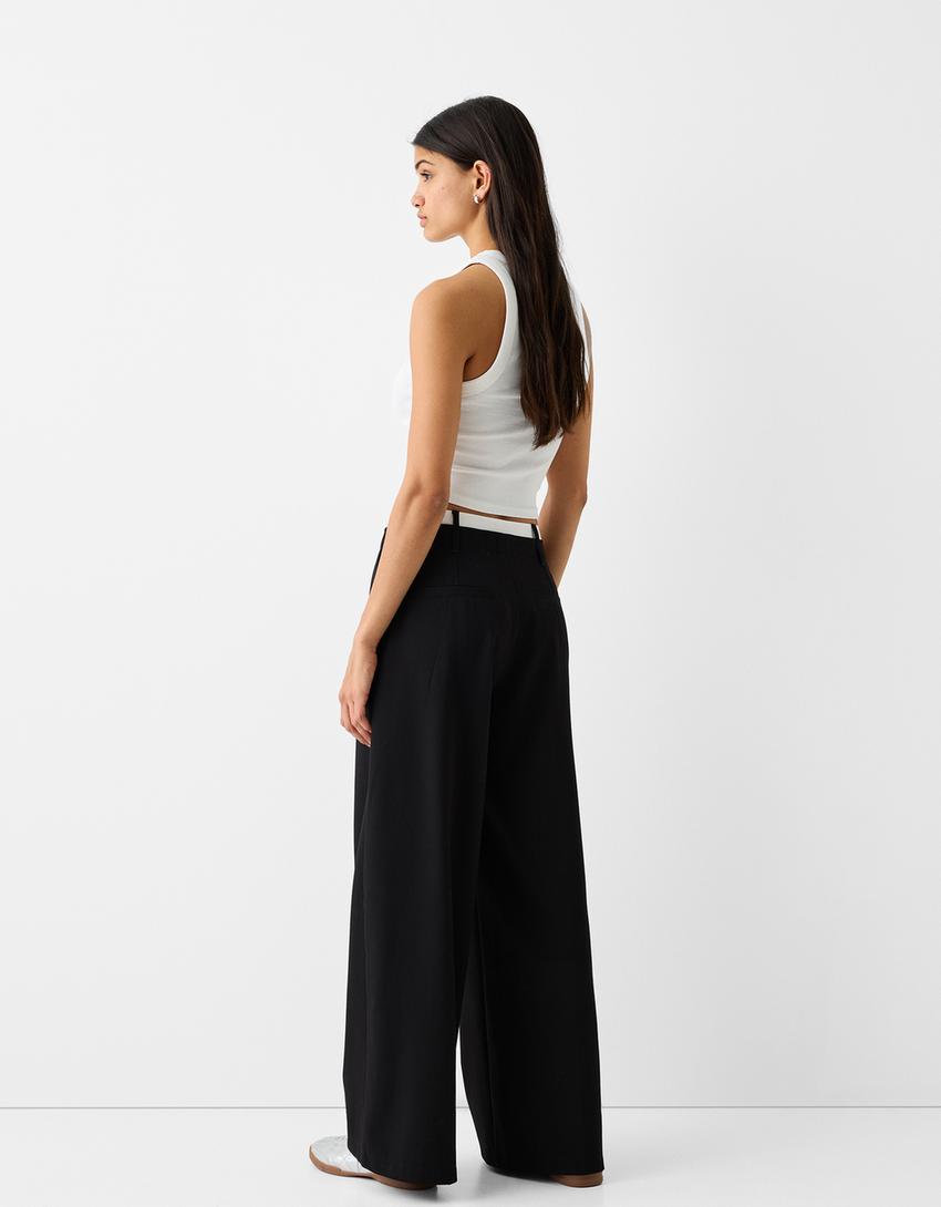 Wide-leg tailored fit trousers with contrast waist detail-Black-2