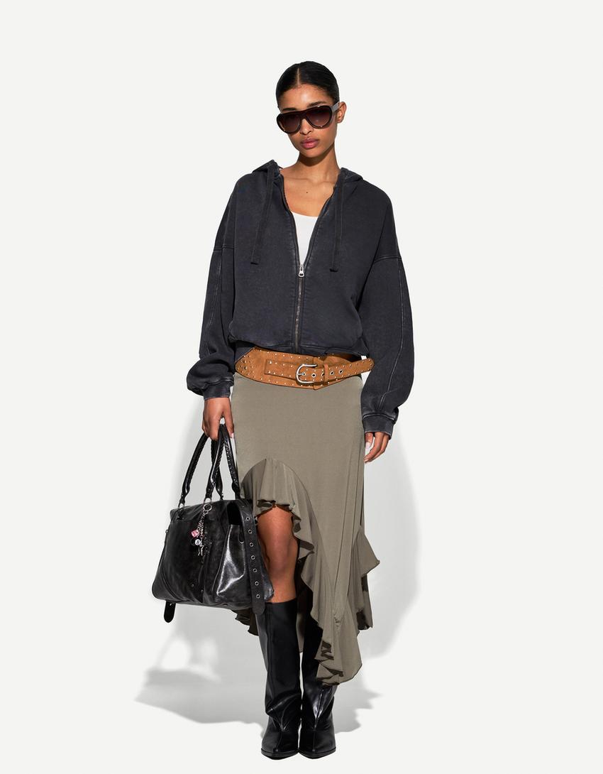 Ruffled midi skirt-Khaki-2