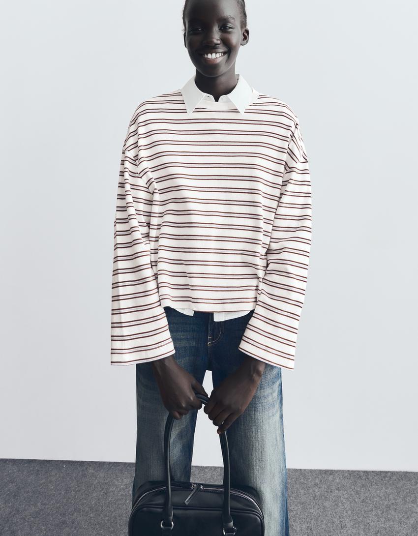 Printed long sleeve T-shirt-Cream