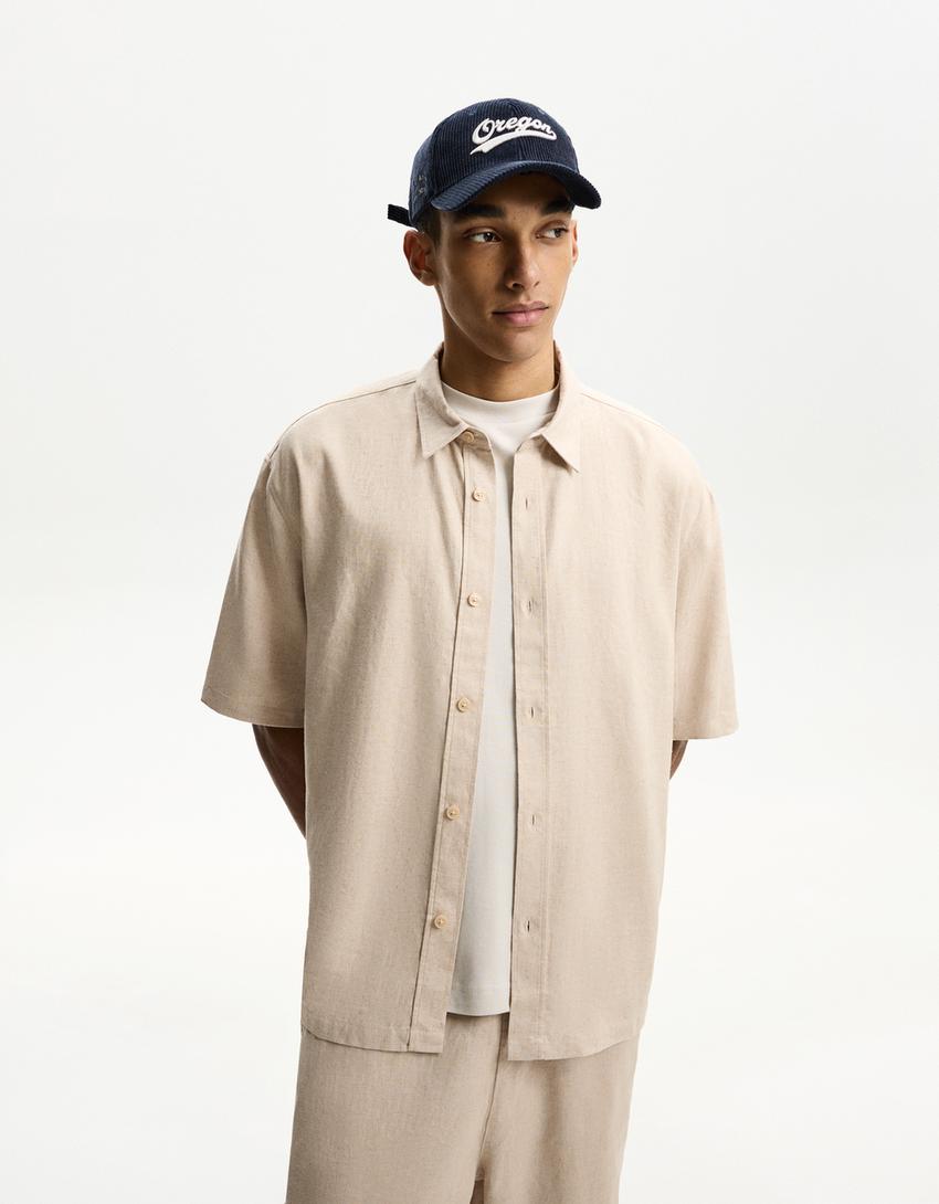 Camisa manga corta con lino-Arena
