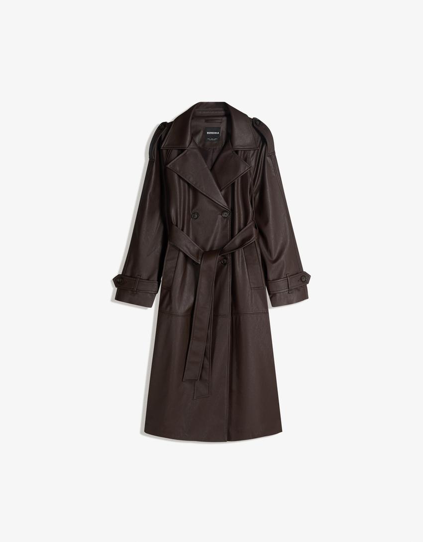 Faux leather trench coat-Brown