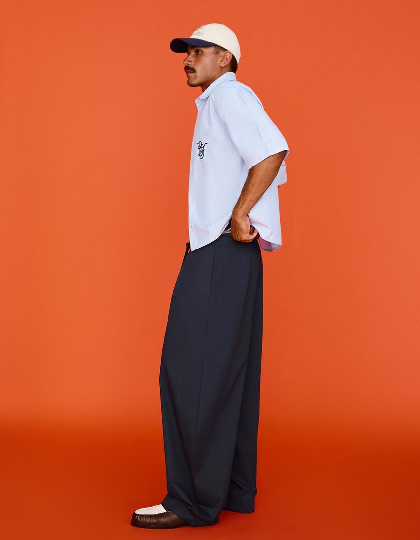 Barrel trousers with darts-Navy