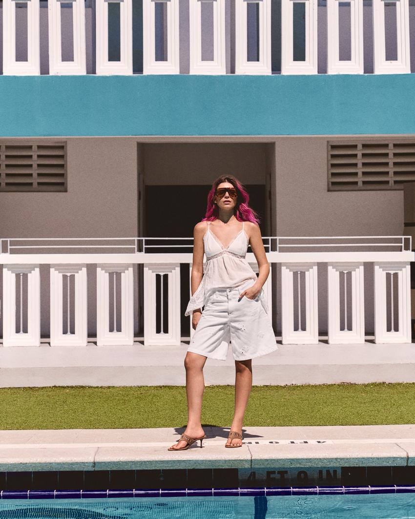 Embroidered baggy denim Bermuda shorts-Cream