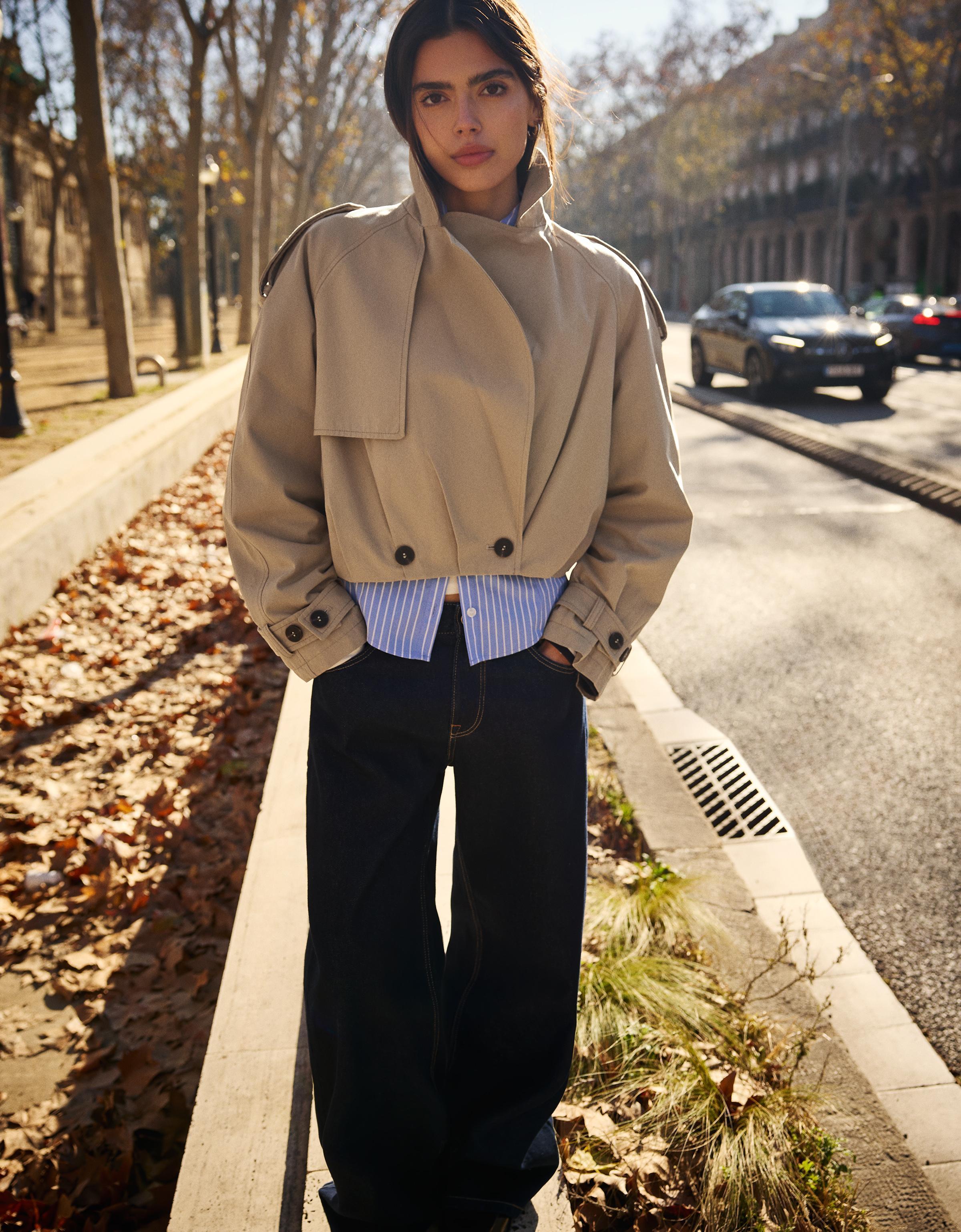 Balloon effect cropped trench coat — Camel