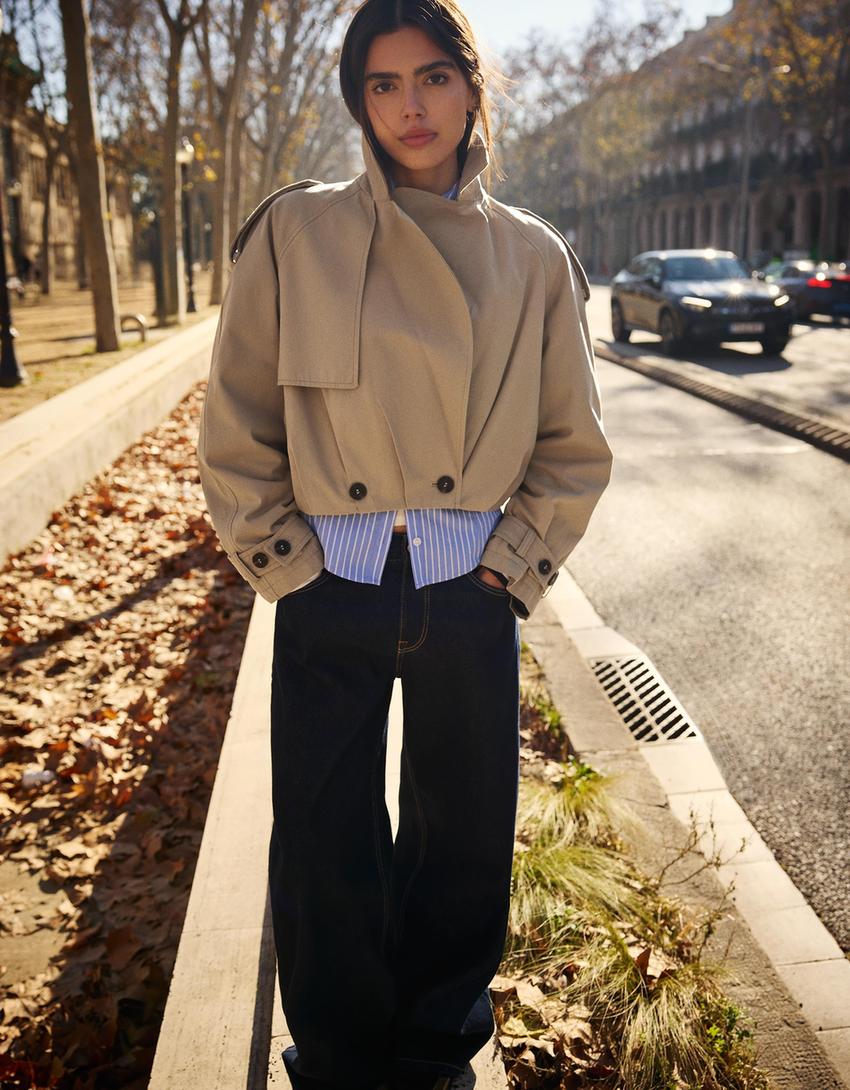 Balloon effect cropped trench coat-Camel