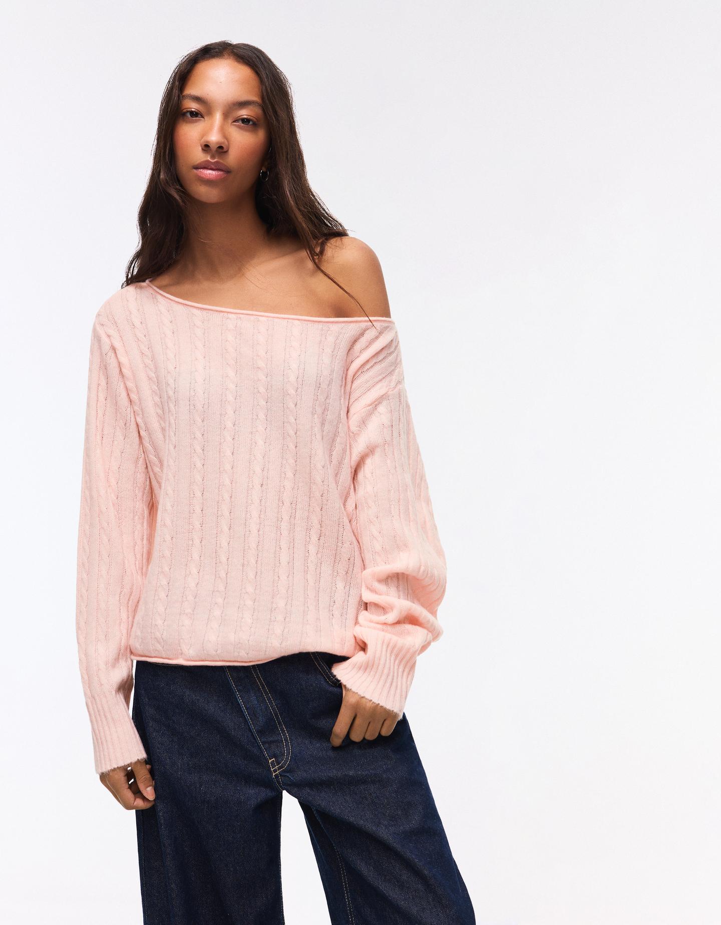 Bershka sweter ze splotem warkoczowym różowy