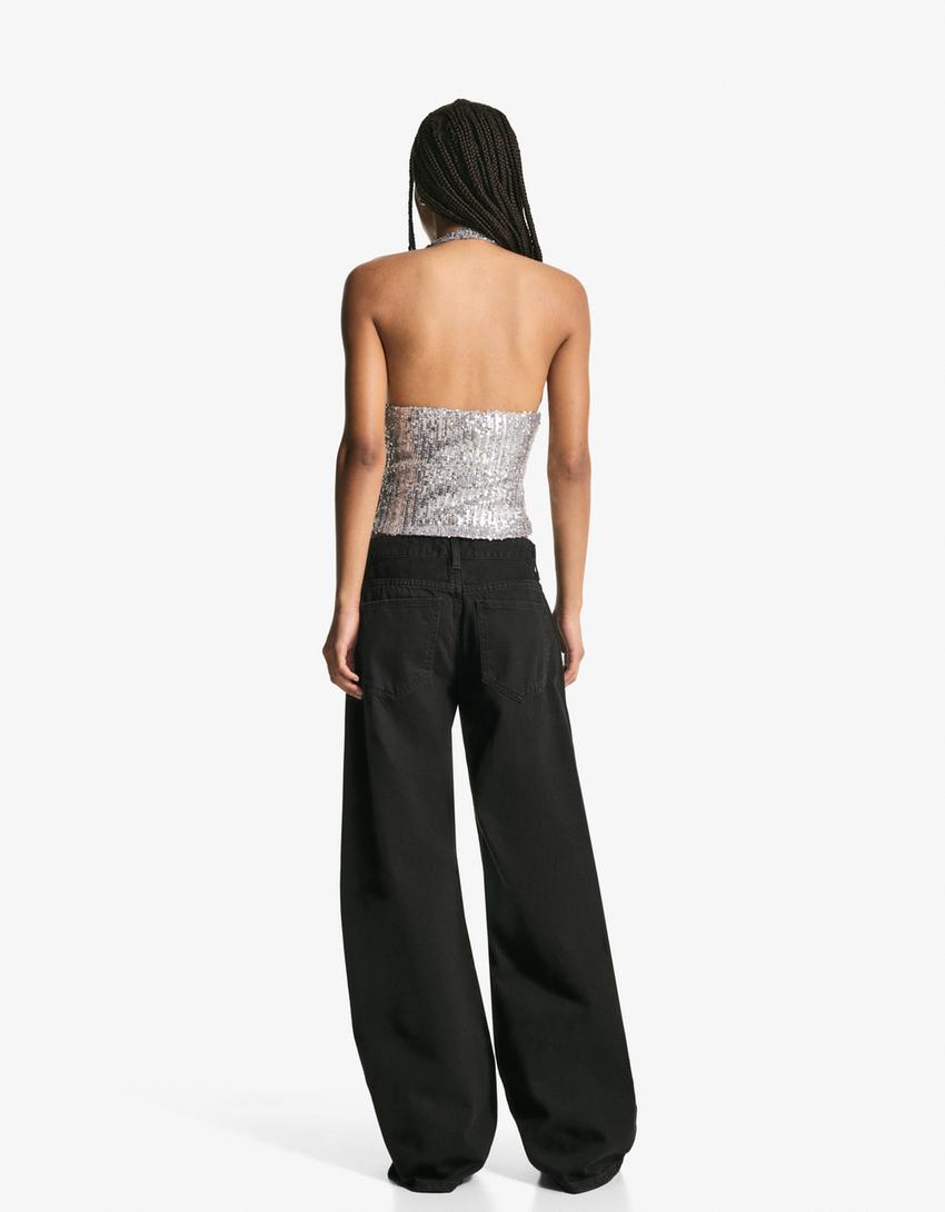 Draped halter top with sequins-Silver