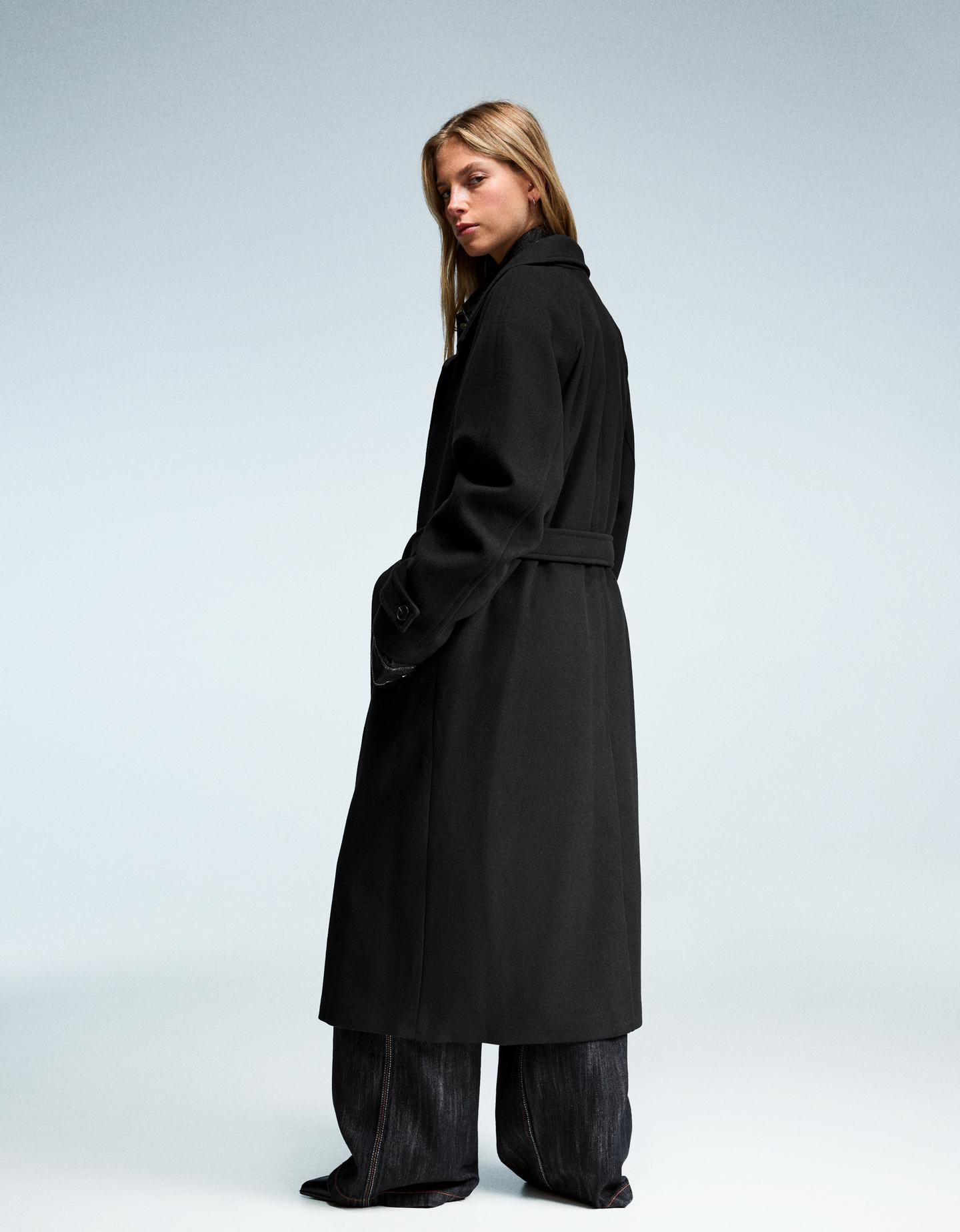 Bershka Abrigo Trench Soft Cinturón Mujer Xs Negro