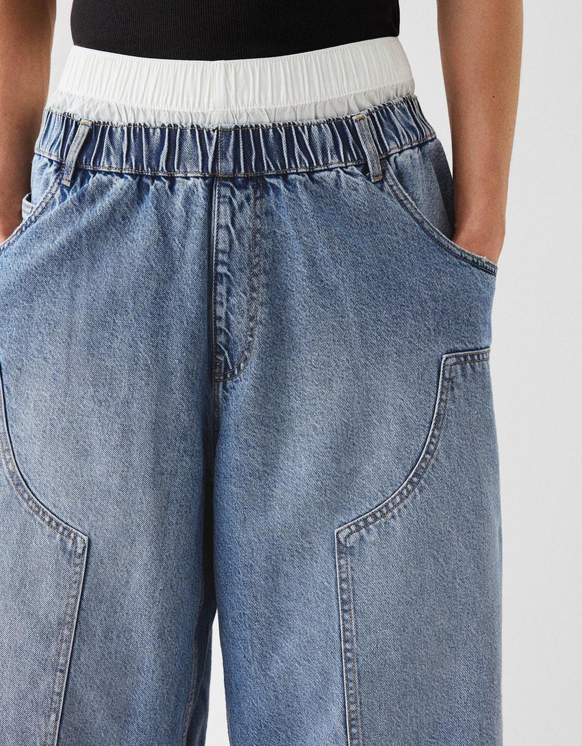 Calções bermuda jort denim baggy cintura contraste-Azul lavado-5