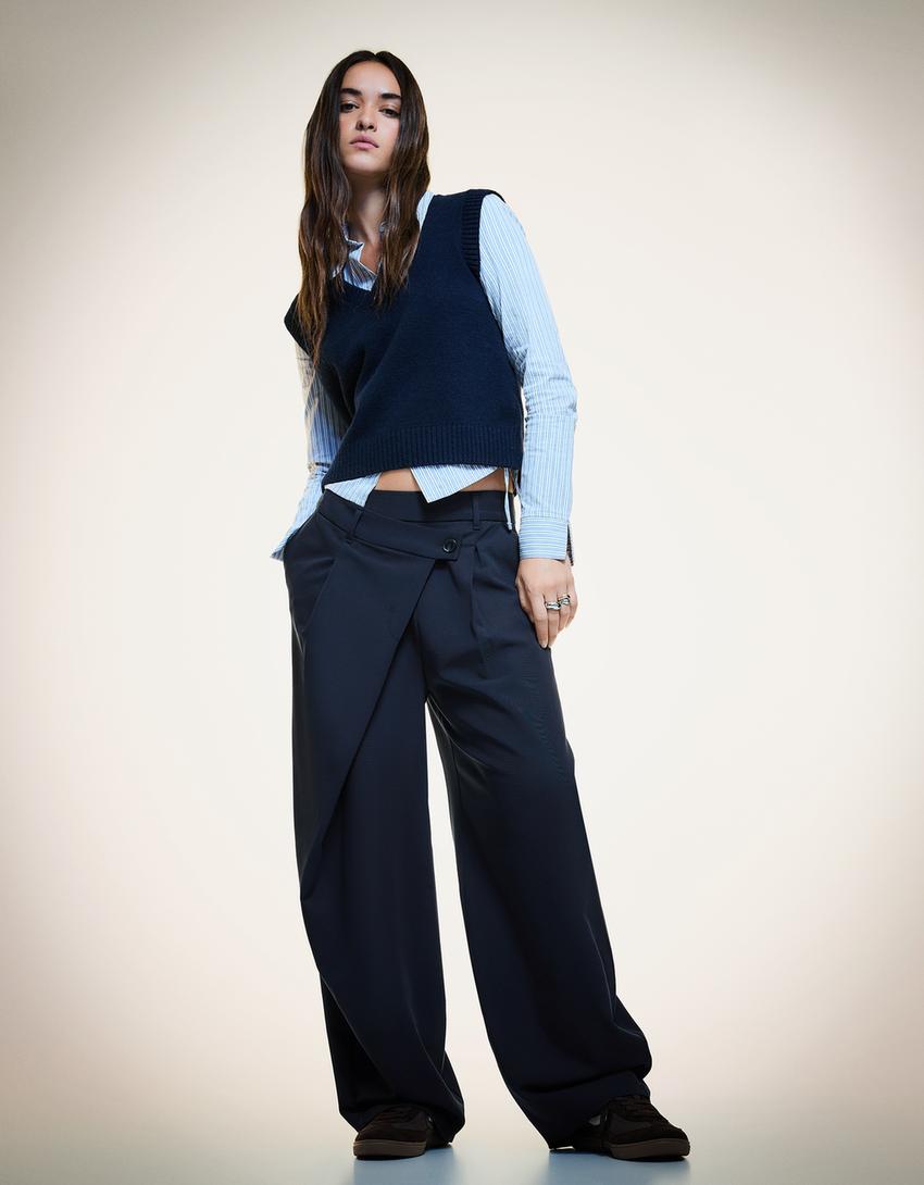Tailored fit trousers with crossover waist-Navy-2