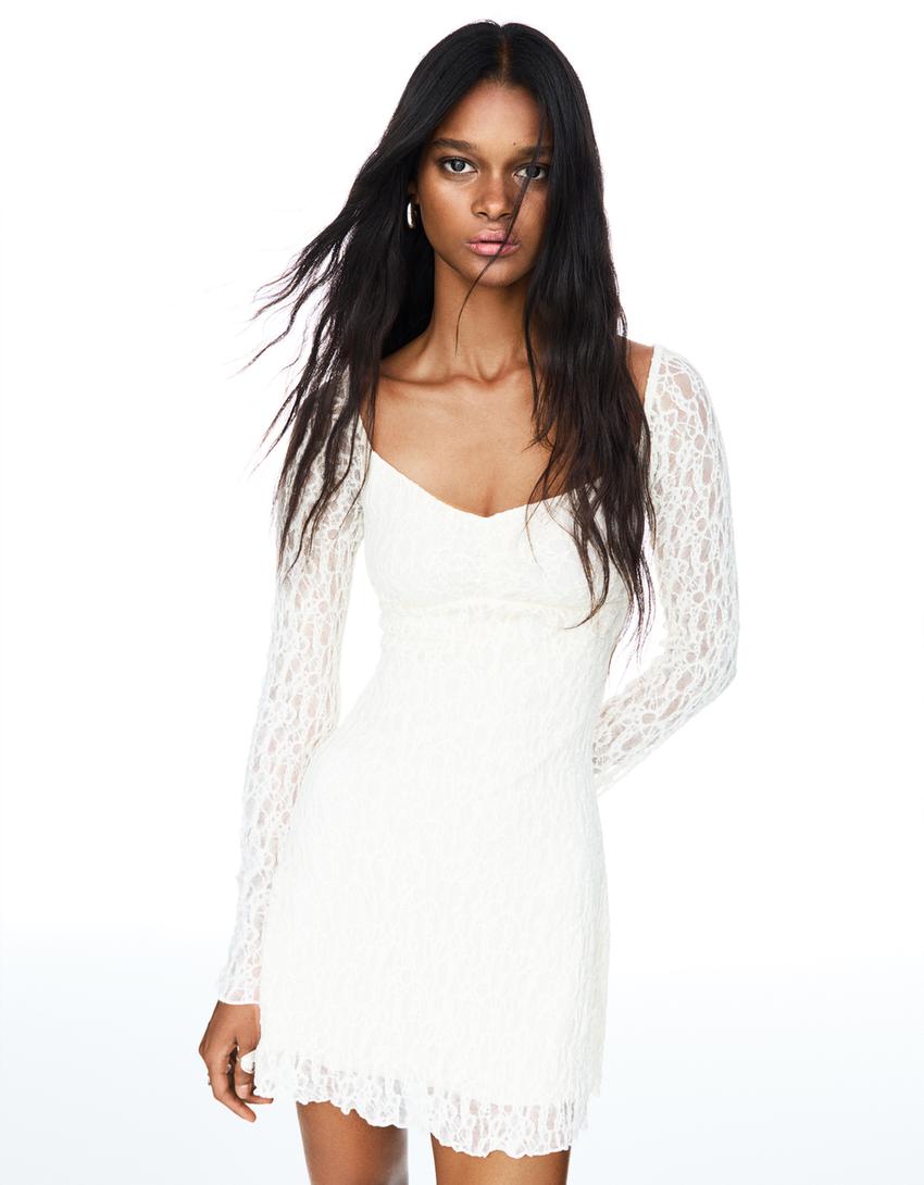 Bardot neckline blonde lace mini dress-Cream