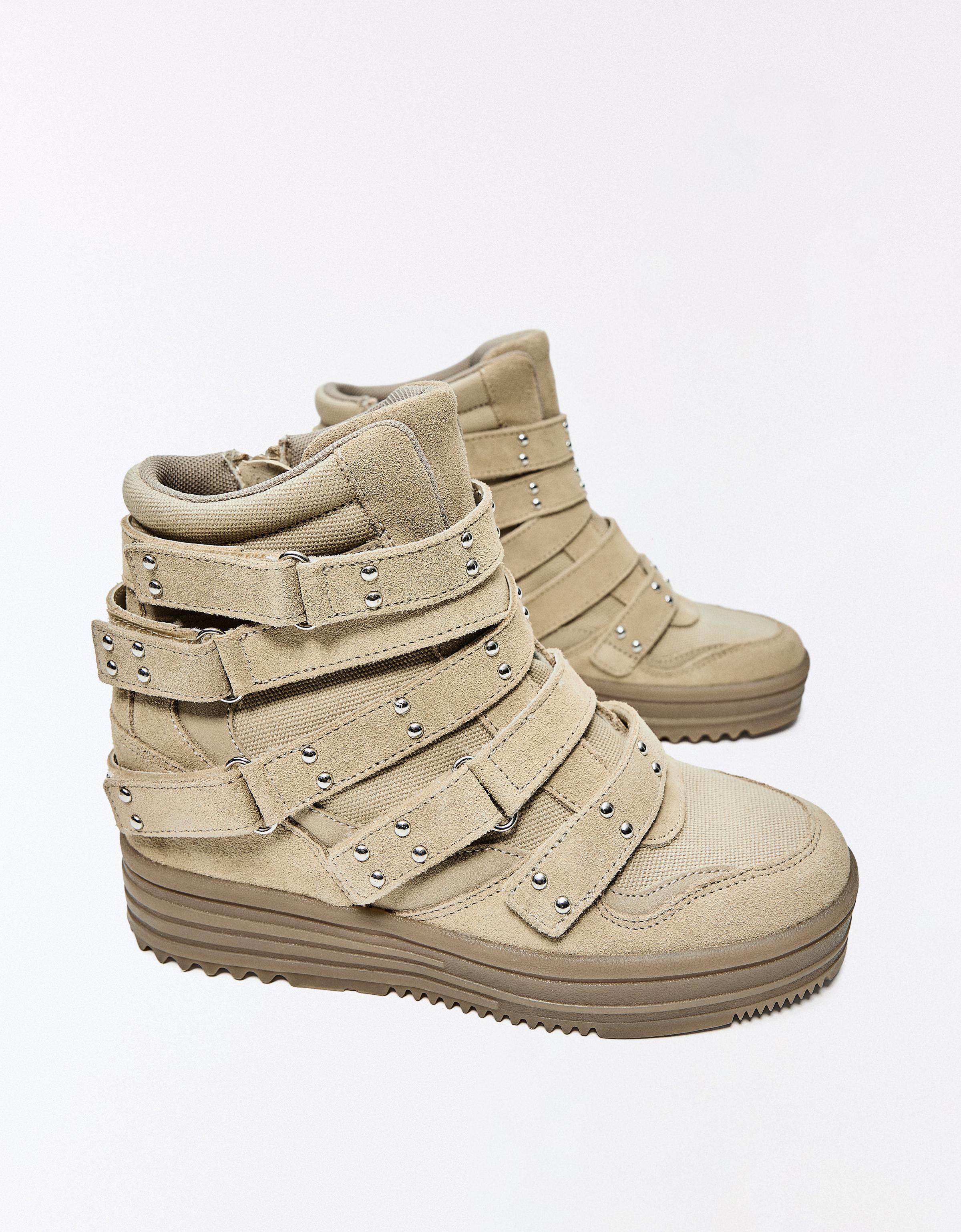 STUDDED HIGH-TOP TRAINERS — SAND