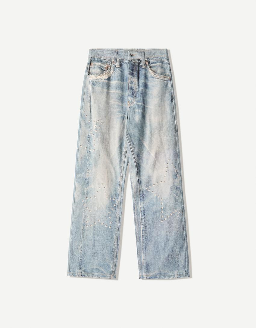 Baskılı baggy fit jean-Açık mavi