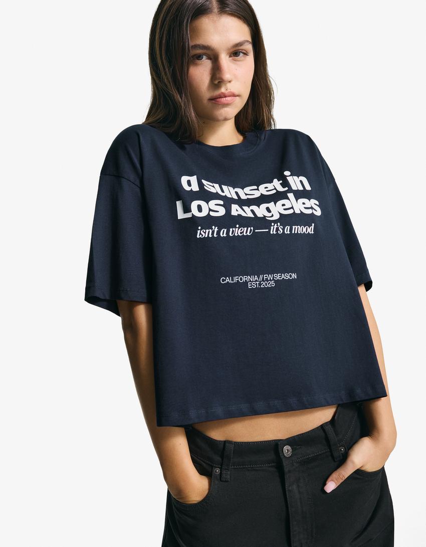 T-shirt Boxy fit à manches courtes imprimé-Marine