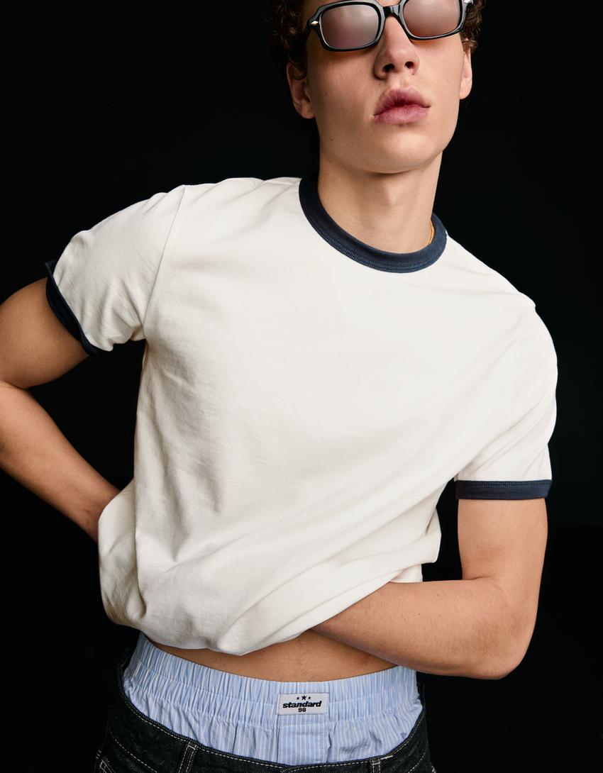 Short sleeve T-shirt with contrast ribbing-Off white