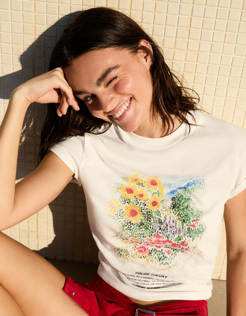 T-shirt met print en korte mouw-Gebroken Wit