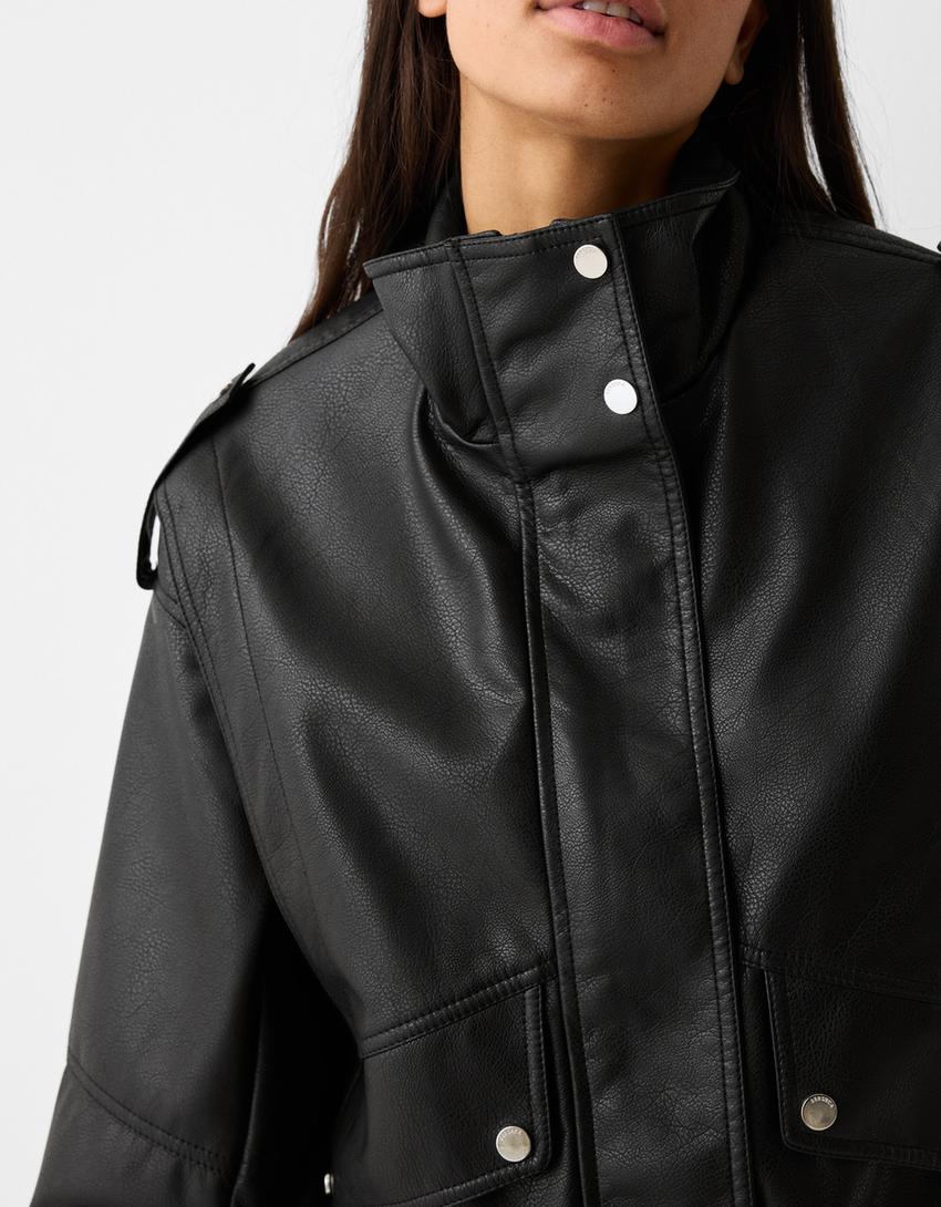Faux leather dad fit jacket-Black-6