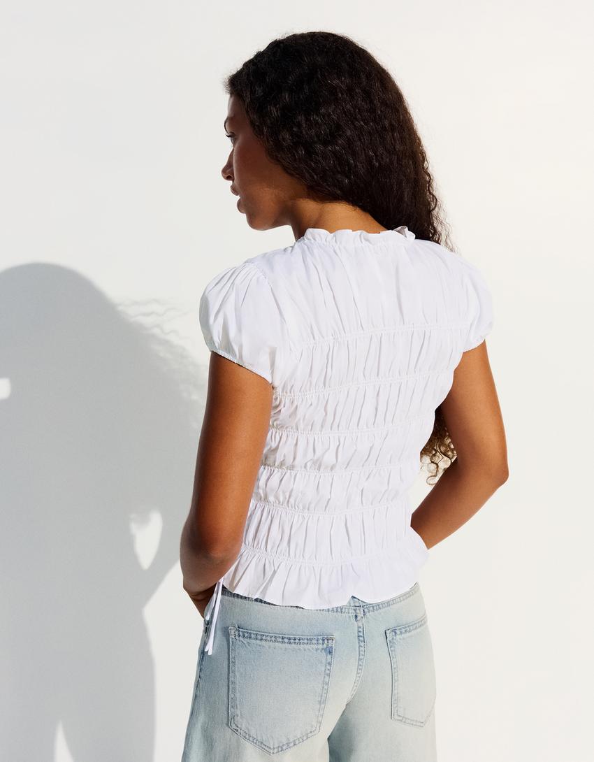 Camiseta fruncida lazadas laterales-Blanco