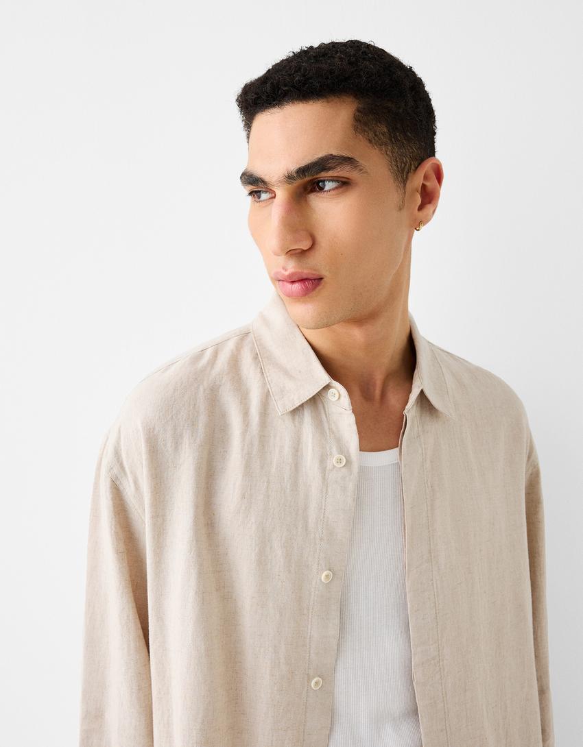 Chemise manches longues loose fit lin-Beige-2