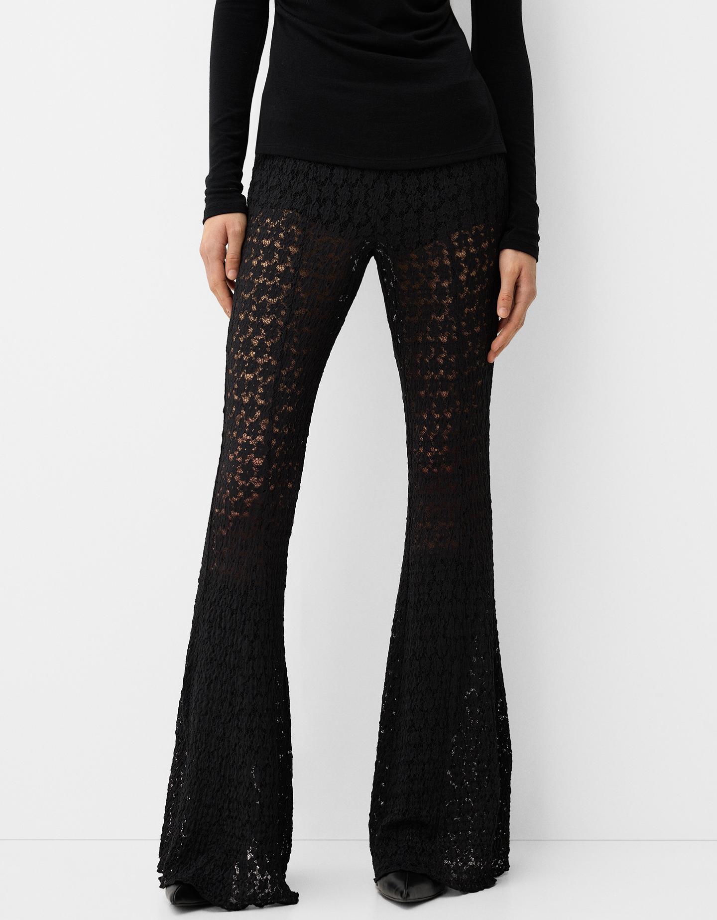 Bershka Pantalón Flare Lace Mujer M Negro