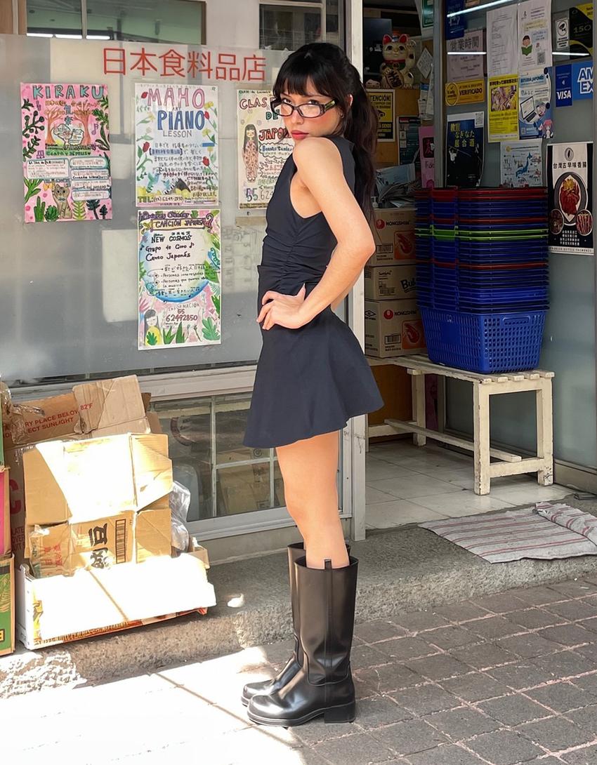 Flounce bengaline mini dress-Navy