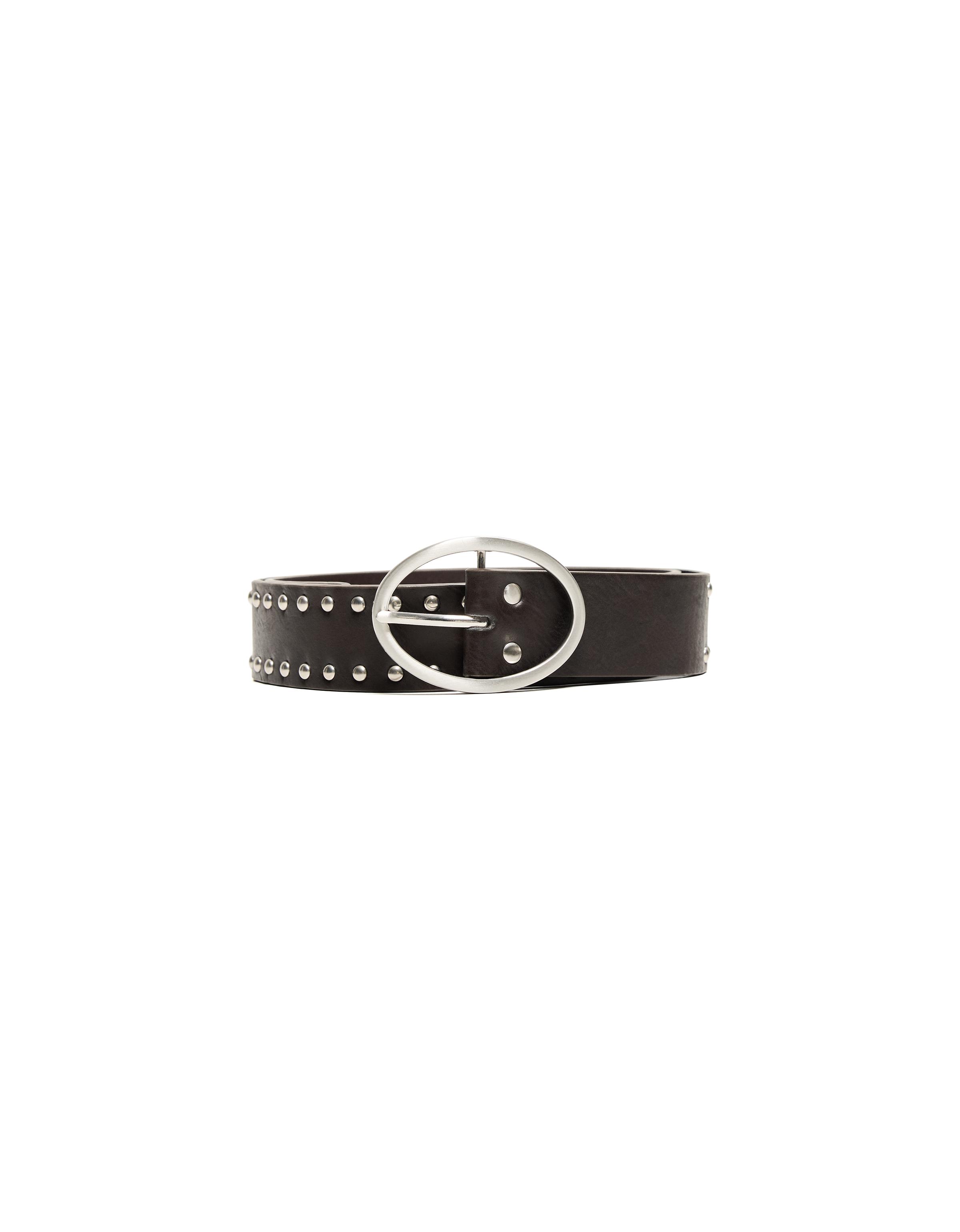 Studded oval buckle belt — Brown