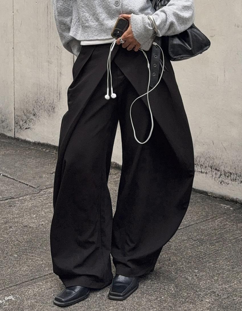 Pantaloni a pieghe doppio bottone-Nero