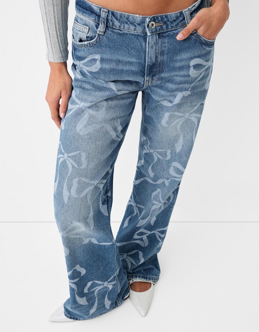 Baggy jeans with printed bows-Blue-3