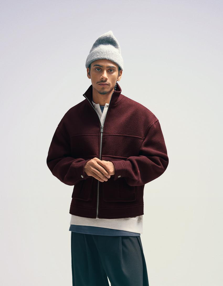 Felt texture jacket with zip-Burgundy