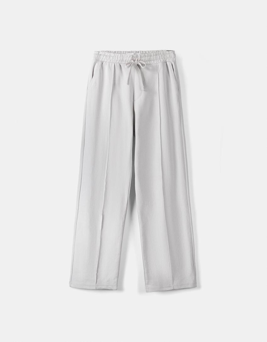 Calças wide leg interlock-Cinza-4