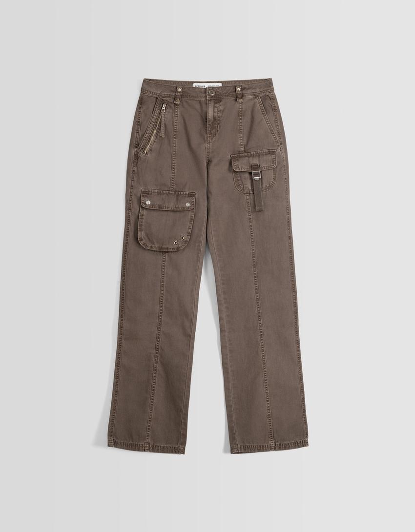 Pantalon cargo taille basse coton lanière-Sable-4