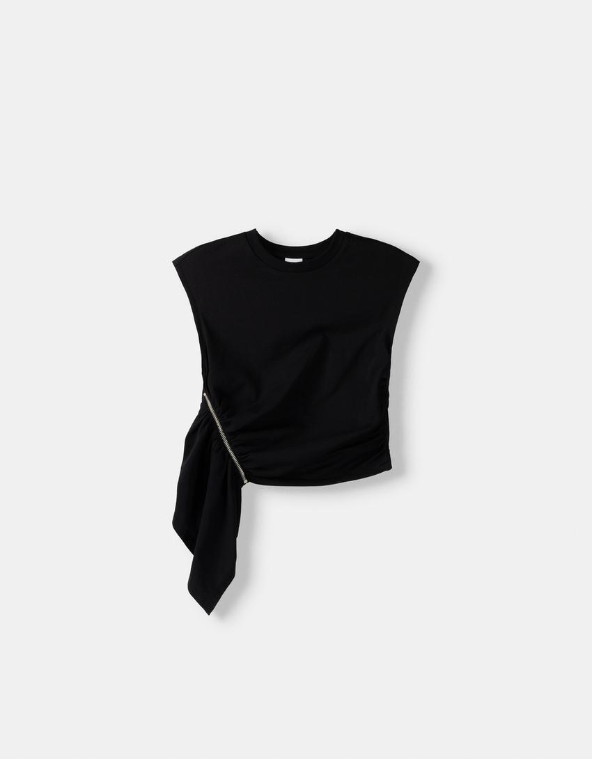 Fermuarlı kolsuz t-shirt-Siyah-4