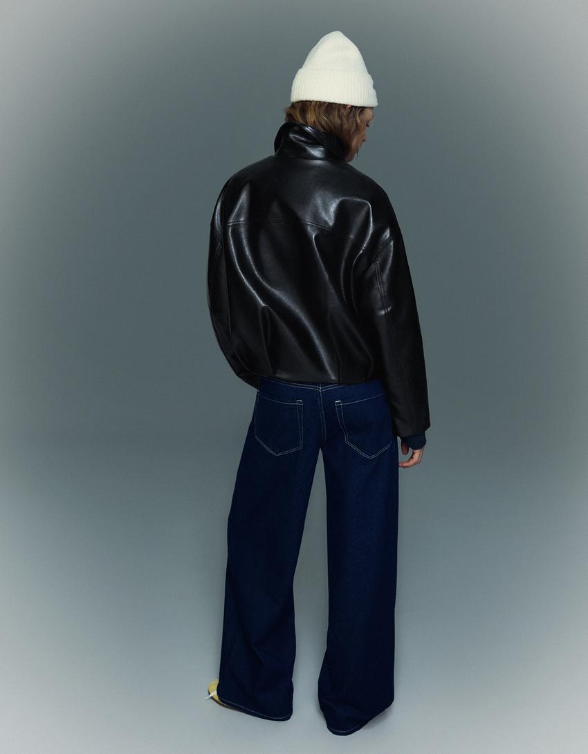 Faux leather bomber jacket with belt-Black