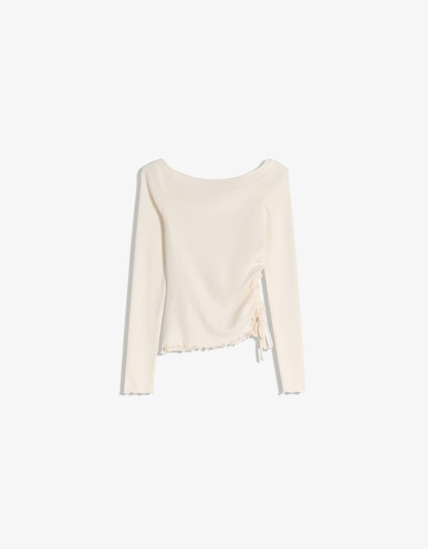 Asymmetric long sleeve ruched T-shirt-Cream