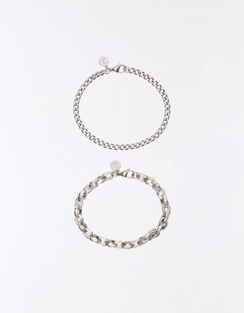 Set di 2 bracciali a catena in acciaio-Argentato