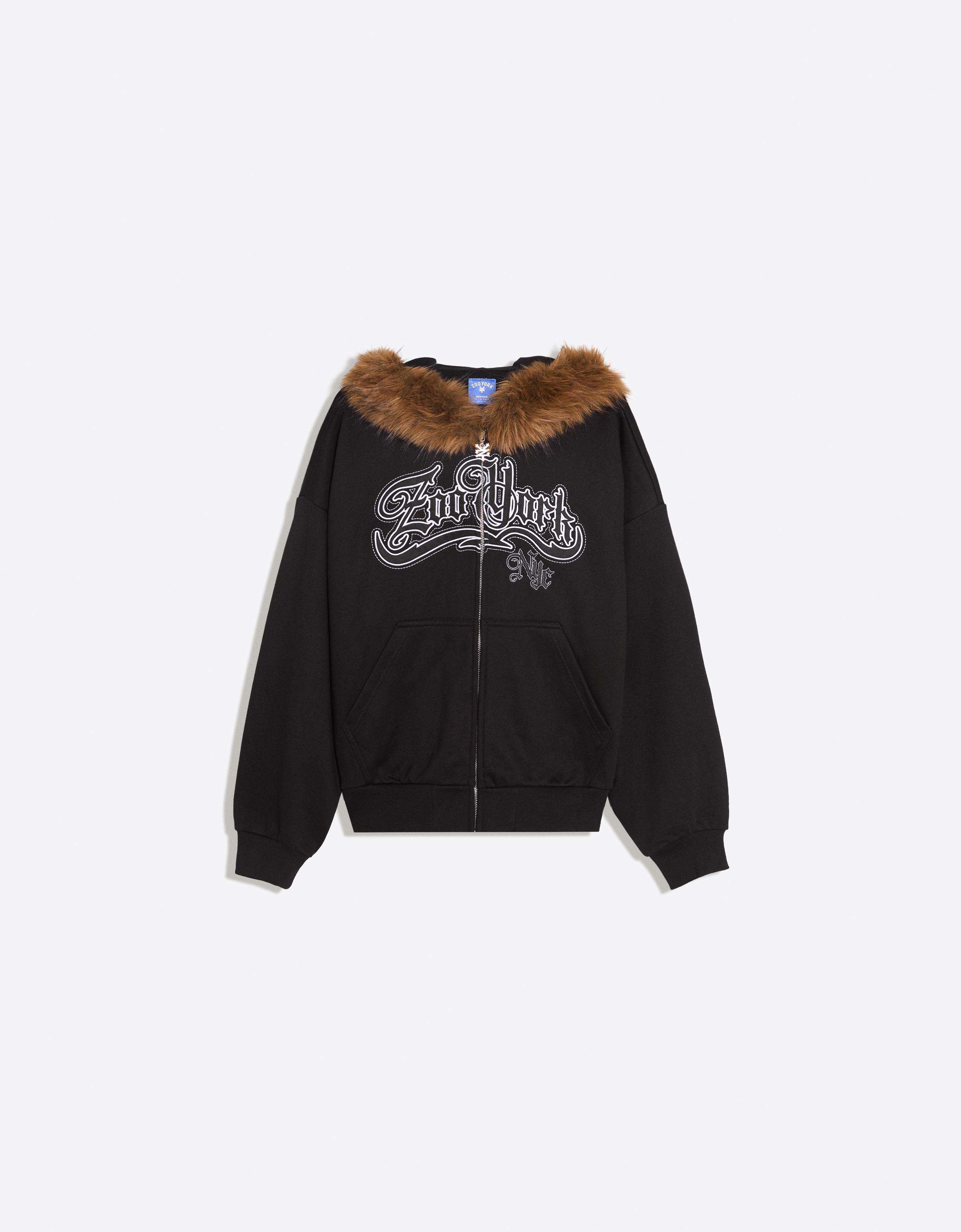 Bershka Kurtka Ze Sztucznego Futerka Z Kapturem Zoo York Mężczyzna Czarny
