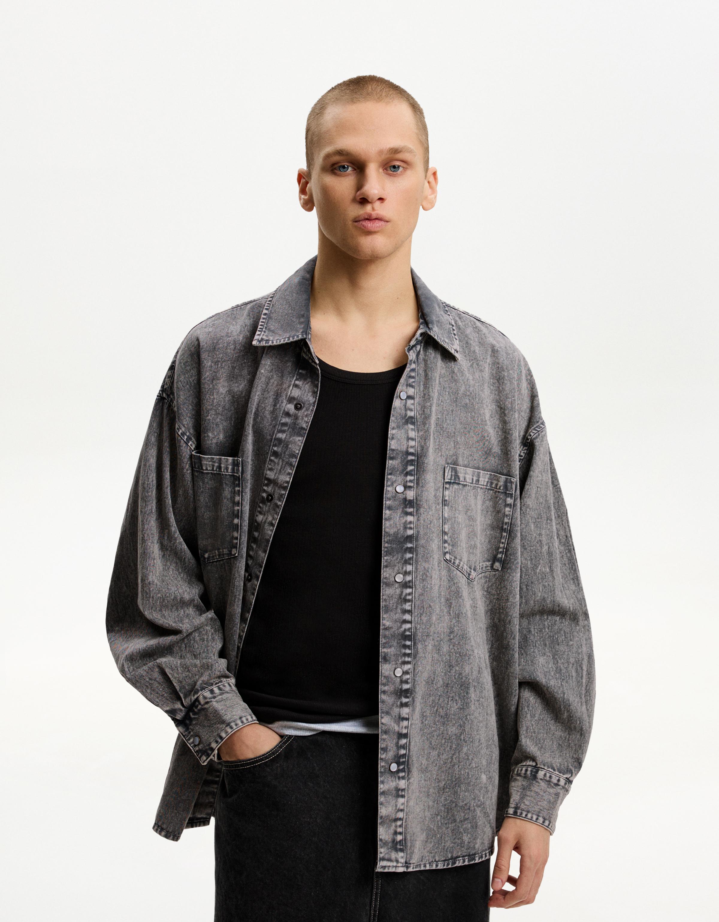 Bershka Oversize-Langarmhemd Herren L Grau