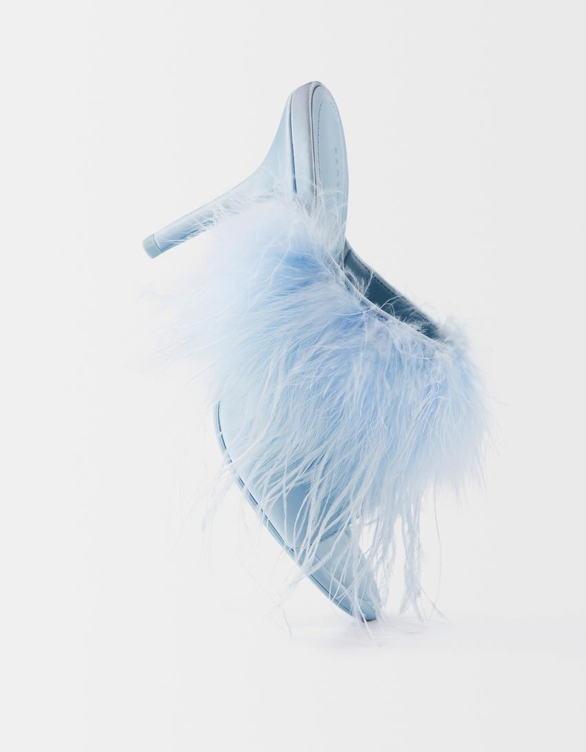 Sandales talon mules avec plumes-Bleu-3