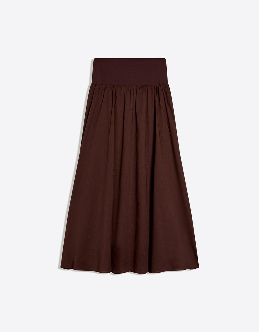 Jupe midi à ceinture-Marron