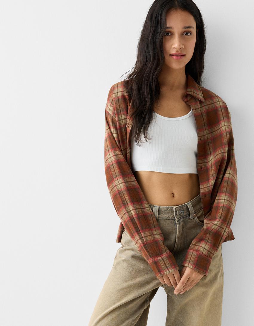 Camisa manga comprida cropped quadrados-Marrom-2