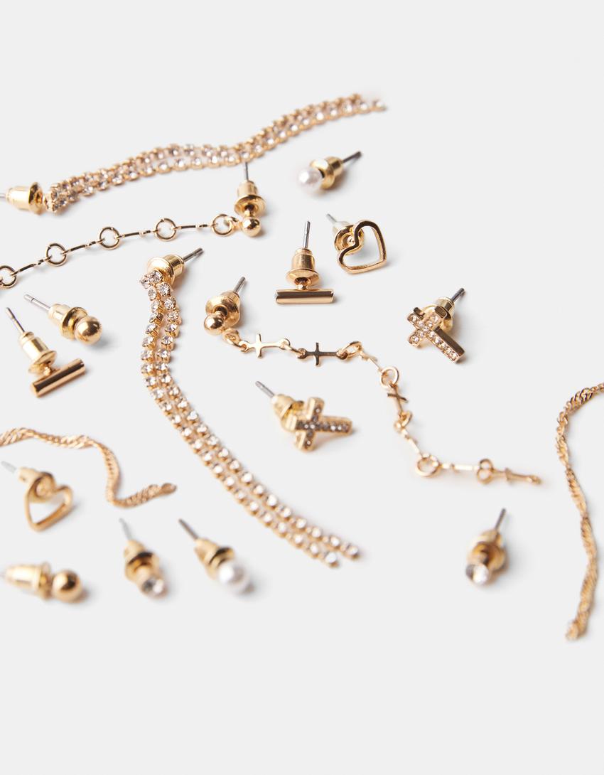 Lot 9 boucles d’oreilles croix pierres fantaisie-Or-2