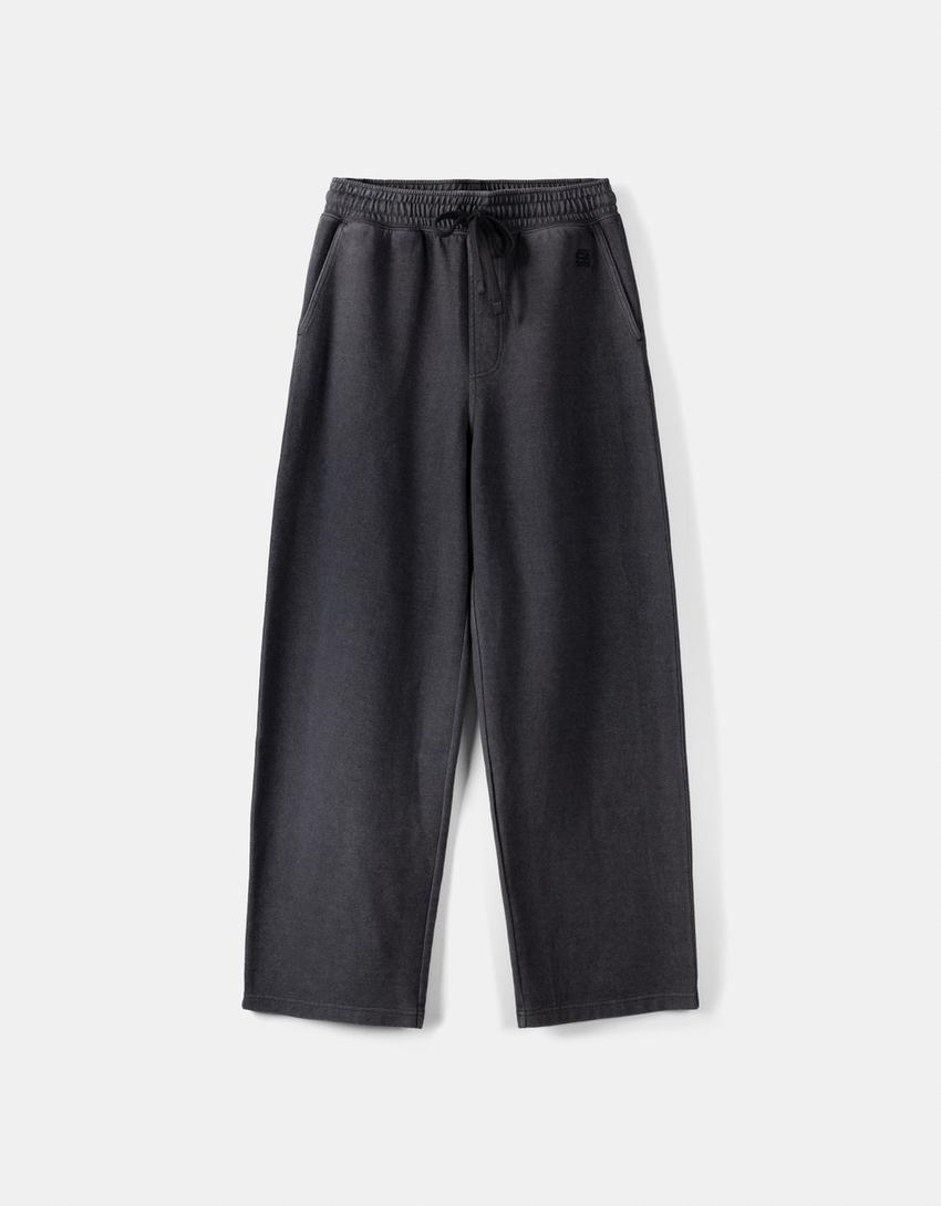 Calças wide leg efeito lavado-Preto-4