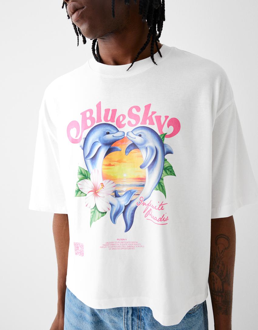 T-shirt da Bershka Wearable Art cropped boxy fit com estampado-Branco-3