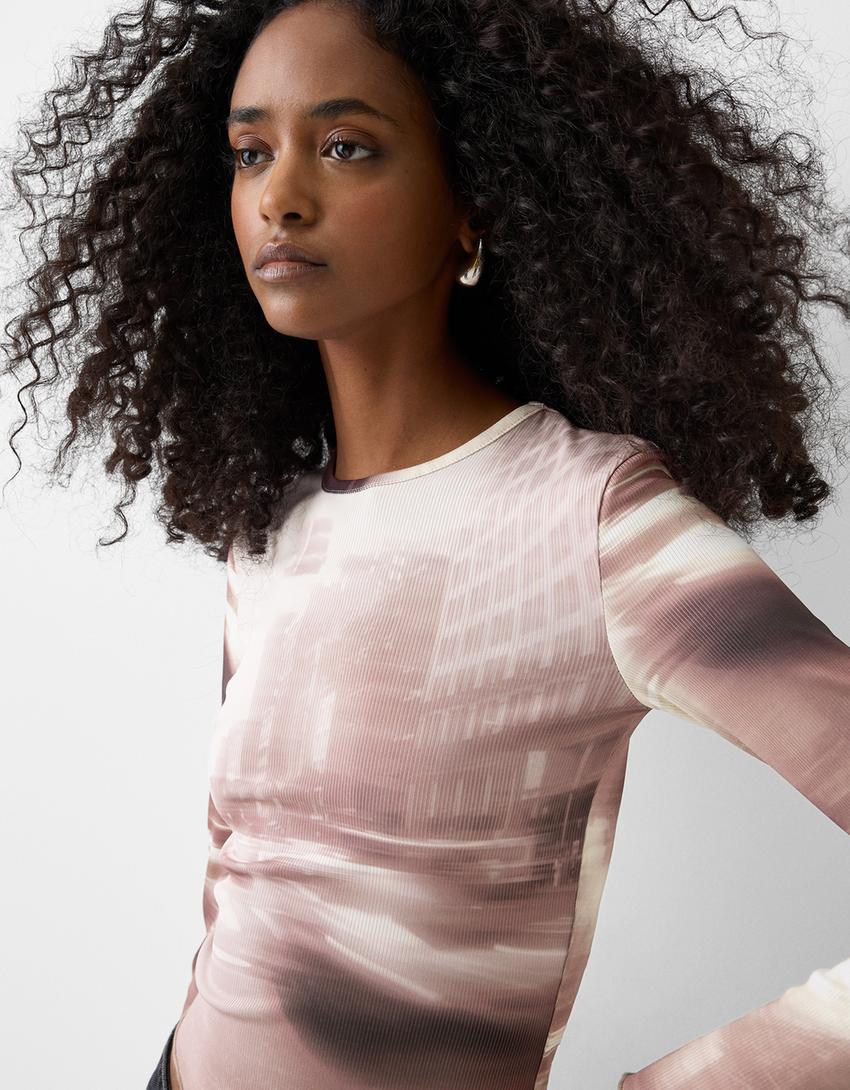 Top manches longues bord-côte imprimé-Écru-2