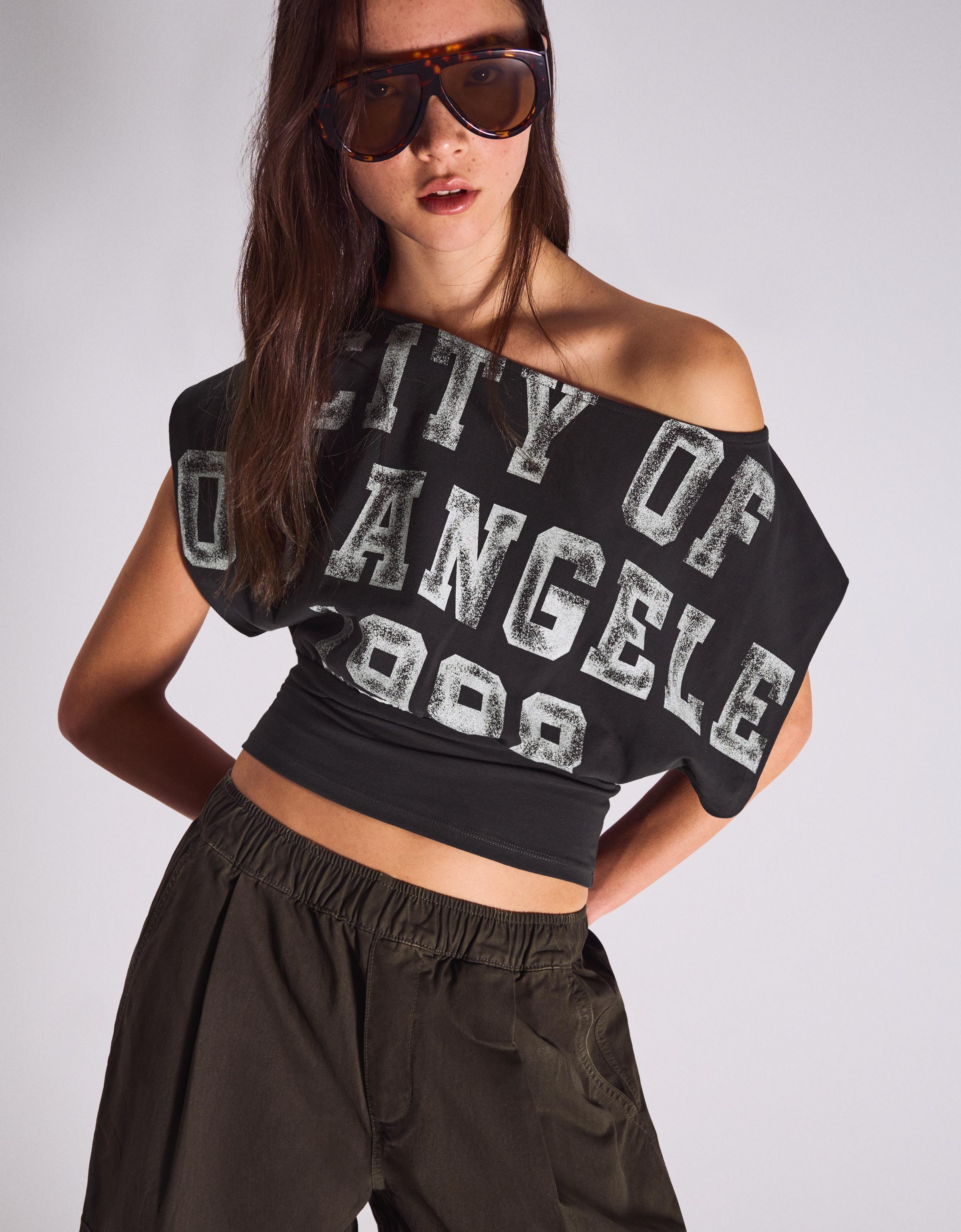 Camiseta Manga Corta Asimétrica Print Mujer S Gris Oscuro