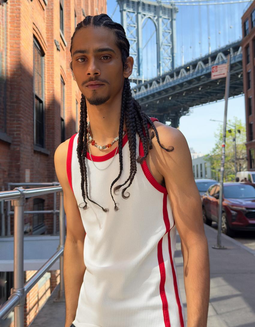 Ribbed contrast retro strappy T-shirt-Off white